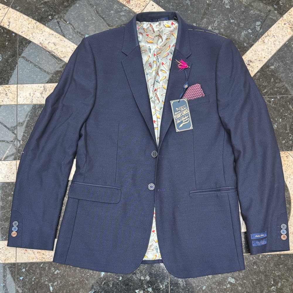 Ted Baker Men’s Dark Blue Tight Lines Blazer with Patterned Lining